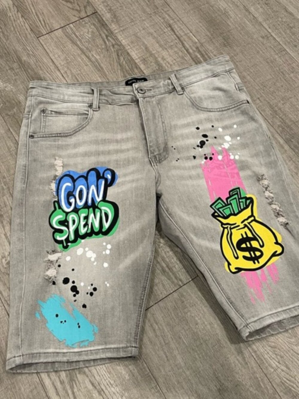 CPTL Denim money themed Graphic light washed gray jean shorts Men’s size 38